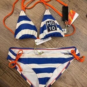 Nautical Blue & White Striped Triangle Bikini with Orange Ties